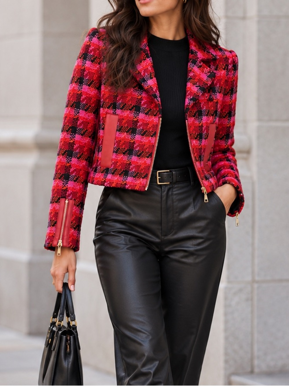 LOLA CASADEMUNT Pink Red Plaid Tweed Wool Moto Jacket Cropped M
